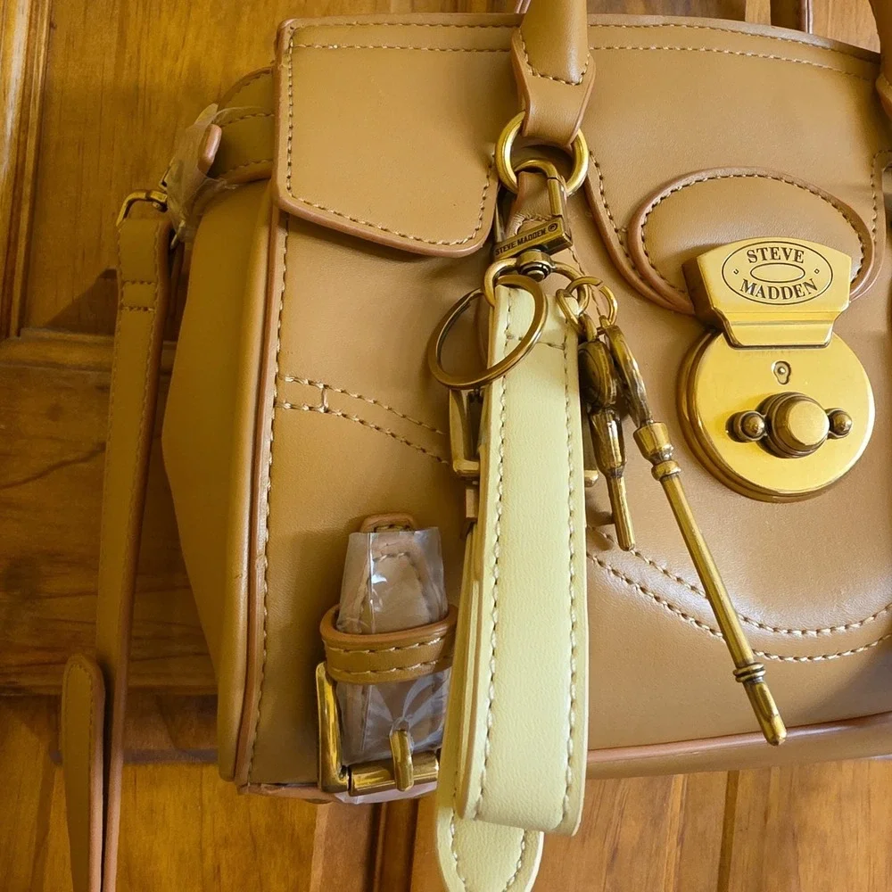 Steve Madden Medium Satchel Handbag Women Tan Faux Leather Gold Hardware New